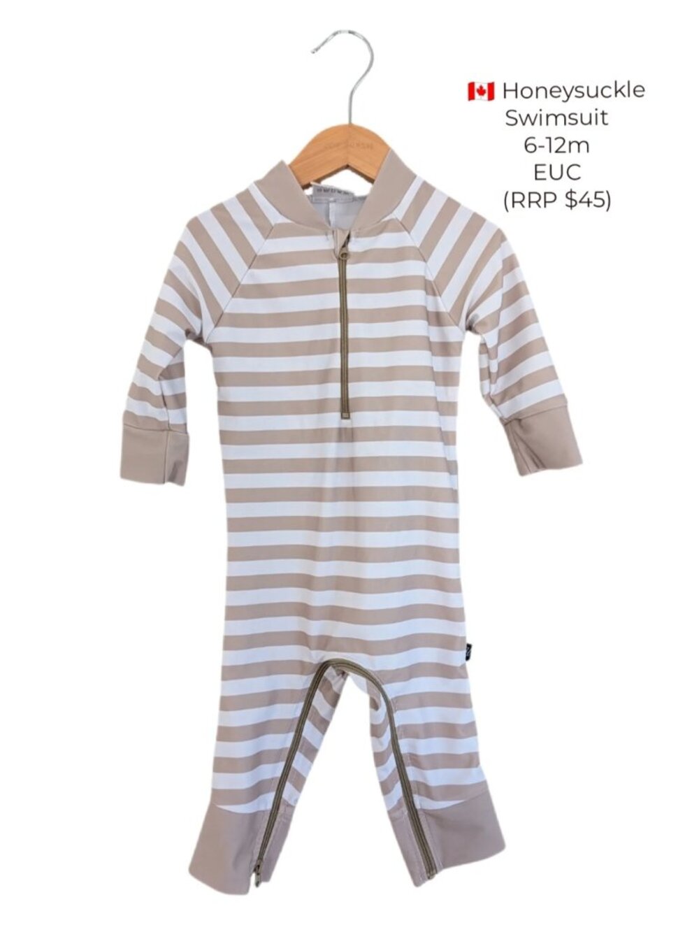 Honeysuckle Full Sunsuit Swimsuit Rashguard | Beige and Cream Striped 6-12m